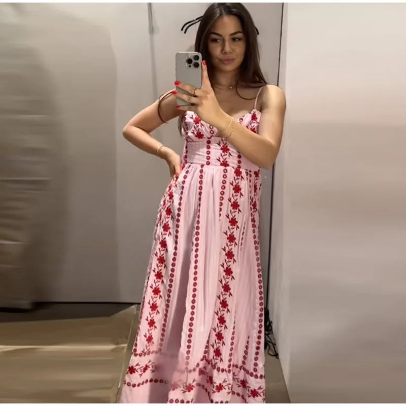 Printed Ruffle Top Skirt Set Women Slim Sling Sleeveless Backless Vest Straight Long Skirts 2025 Summer Elegant Sexy Lady Outfit