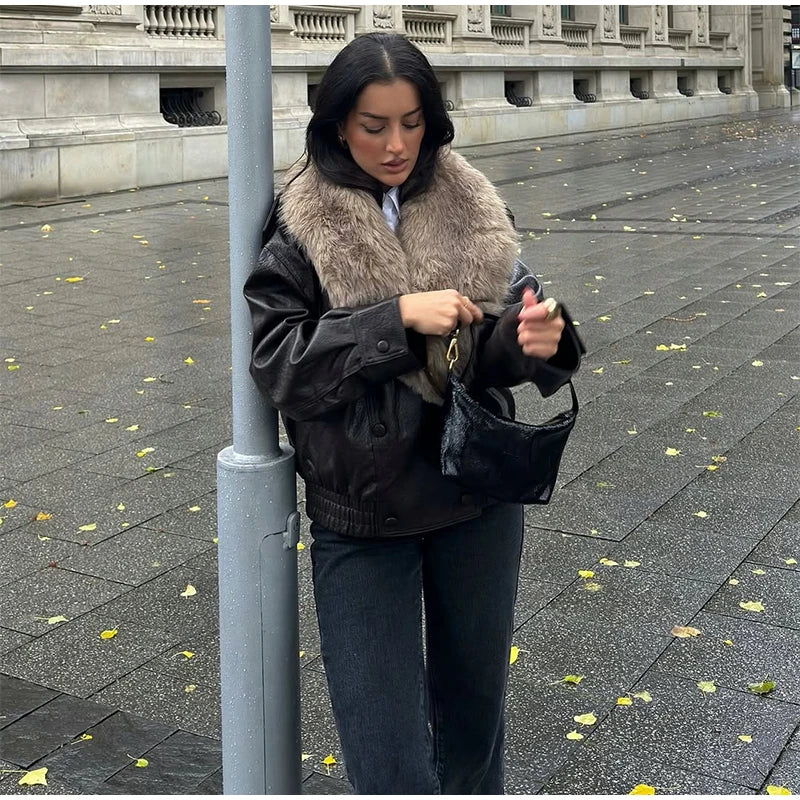 Brown Faux Fur Collar Leather Jacket Women Oversize Design Long Sleeve Coat 2025 Fashion Luxurious Versatile Bomber Outerwear