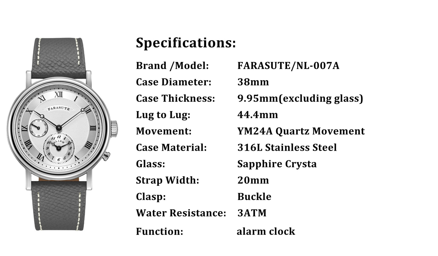 FARASUTE Japan YM24A Quartz Movement Alarm Waterproof Wristwatch Male Luxury Sapphire Glass Watches Men Clock Montre pour hommes