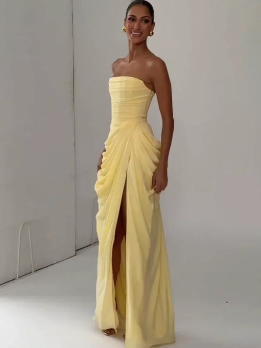 Elegant Yellow Strapless Pleated Dress Women Chic Sleeveless Waist Cinching Split Maxi Gowns Lady Evening Party Dresses 2026 New