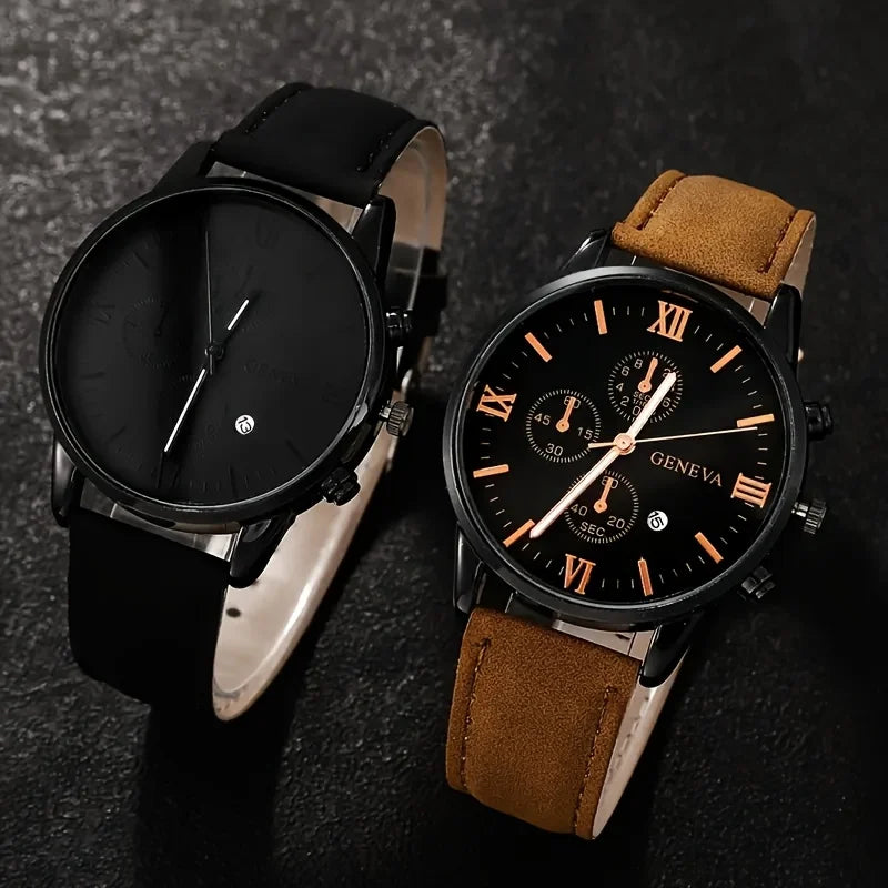 4pcs Fashion Men's Quartz Watch Set Decorative Three-eye Dial Men Business Watches Reloj Hombre（Without Box）