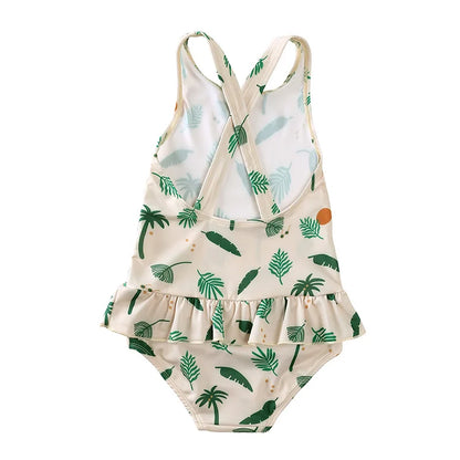 Girls Cute Backless Floral One-piece Swimsuit Baby Bikini Swimwear with hat Sun-proof Beach Vacation Toddlers Kids Chic Swimsuit
