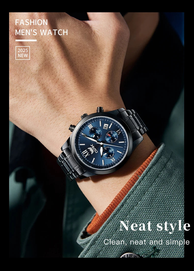 OPK 6052 Chronograph Quartz Wristwatch Original Steel Strap Waterproof Luminous Calendar Fashion Elegant Men's Business Watches