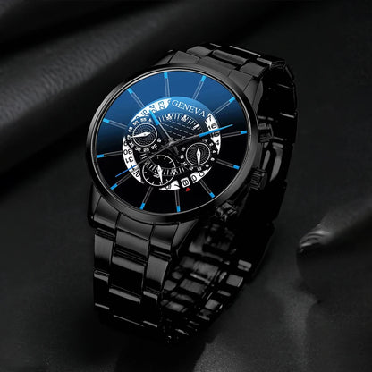 2PCS Men Business Watches Fashion Steel Band Male's Analog Quartz Watch Leather Bracelet Set Reloj Hombre（Without Box