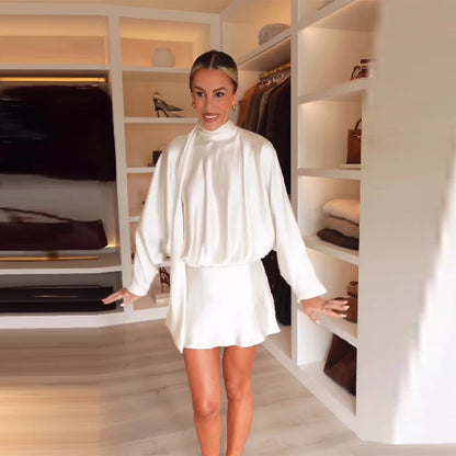 Women's Elegant white Ruched Short Dress Fashion Casual Stand Neck Long Sleeve Mini Dresses 2025 Autumn party Female Clothing