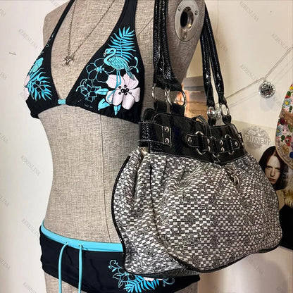 Vintage Flower print Cutie 2 set Bikini 2000s Swimsuit Sexy Women Bathing Fashion Halter Strap Swimwear High Street Beach Female