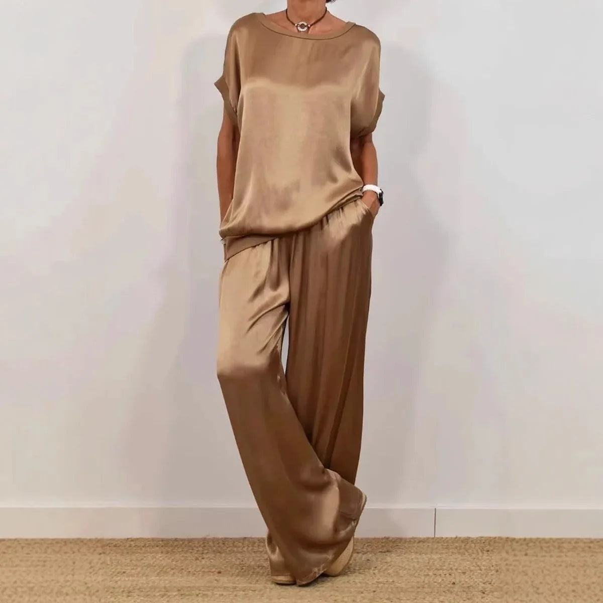 Casual Loose Satin T Shirt Pants Two Piece Sets Women Fashion O-neck Short Sleeve T Shirts Suit Spring Summer Wide Leg Pant Sets