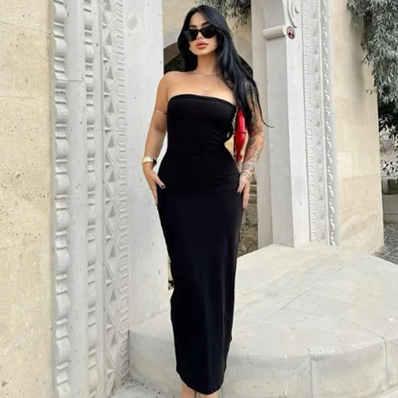 HXAO 2025 Womens Strapless Dresses Summer Off White Black White Dress Midi Ruffled Off Shoulder Backless Dress Prom Vestidos 066