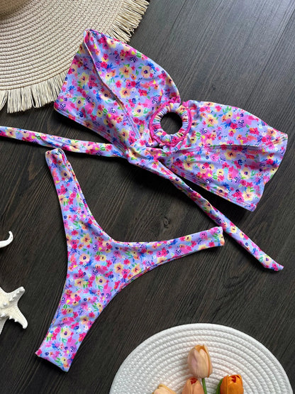 Sexy Colorful Floral Printed Bandeau Bikini Female Swimsuit Women Swimwear Two-pieces Bikini set Bather Bathing Suit Swim Lady