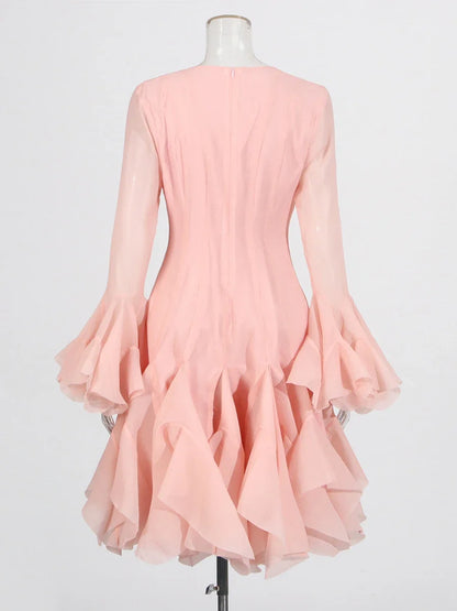 VGH Sweet Ruffles Elegant Knee Length Dresses for Women Round Neck Flare Sleeve High Waist Spliced Button  A Line Dress Female