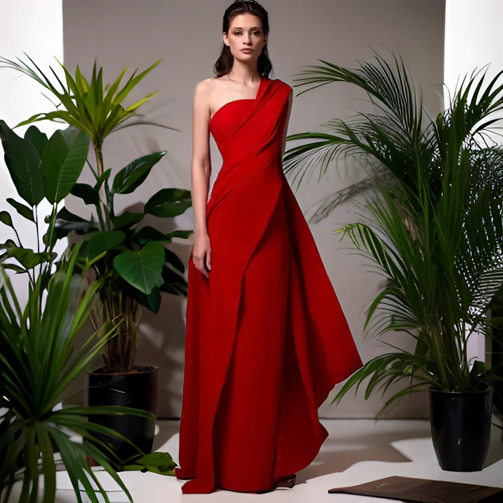 Elegant Red A-Line Evening Dresses,One Shoulder,Asymmetrical Neck Prom Dress,gala cocktail Floor-Length,Saudi Arabia Party Gown