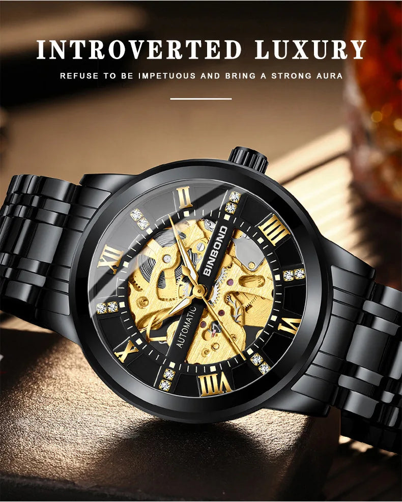 Bindond Mens Automatic Mechanical Watches Top Brand Luxury Stainless Steel Waterproof Hollow Male Wristwatches Relogio Masculino