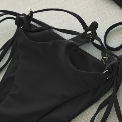 Brazilian Bikini Swimsuit for Women, Ring Linked Halter, Swimwear, Beachwear, 2025
