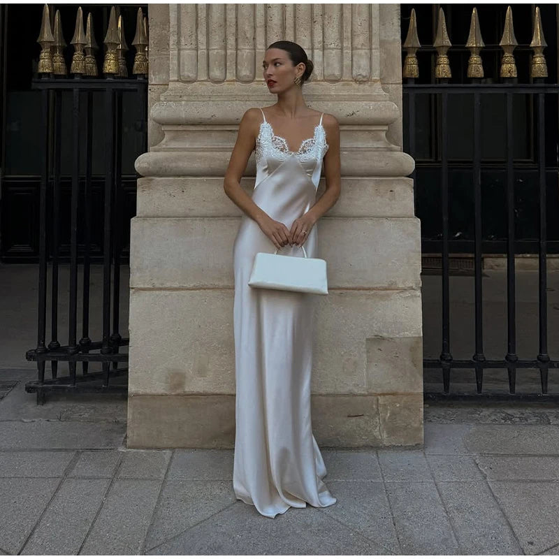 Lace Patchwork Sling Maxi Dress Women Sexy Solid V-neck Sleeveless Backless Satin Slim Long Gown Lady Chic Evening Party Dresses