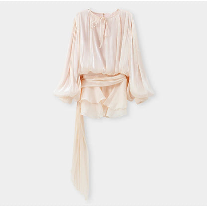 Women Solid O-neck Long Lantern Sleeve Short Dress Fashion Pleated High Waist Lace-up Mini Dresses Summer Vocation Lady Robe