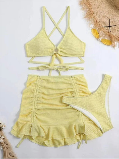 Sexy Yellow Bikini Women Solid Halter Ring Linked Criss Cross Cover Up 3 Piece Swimsuit 2026 Bathing Suit Ruffles Skirt Swimwear