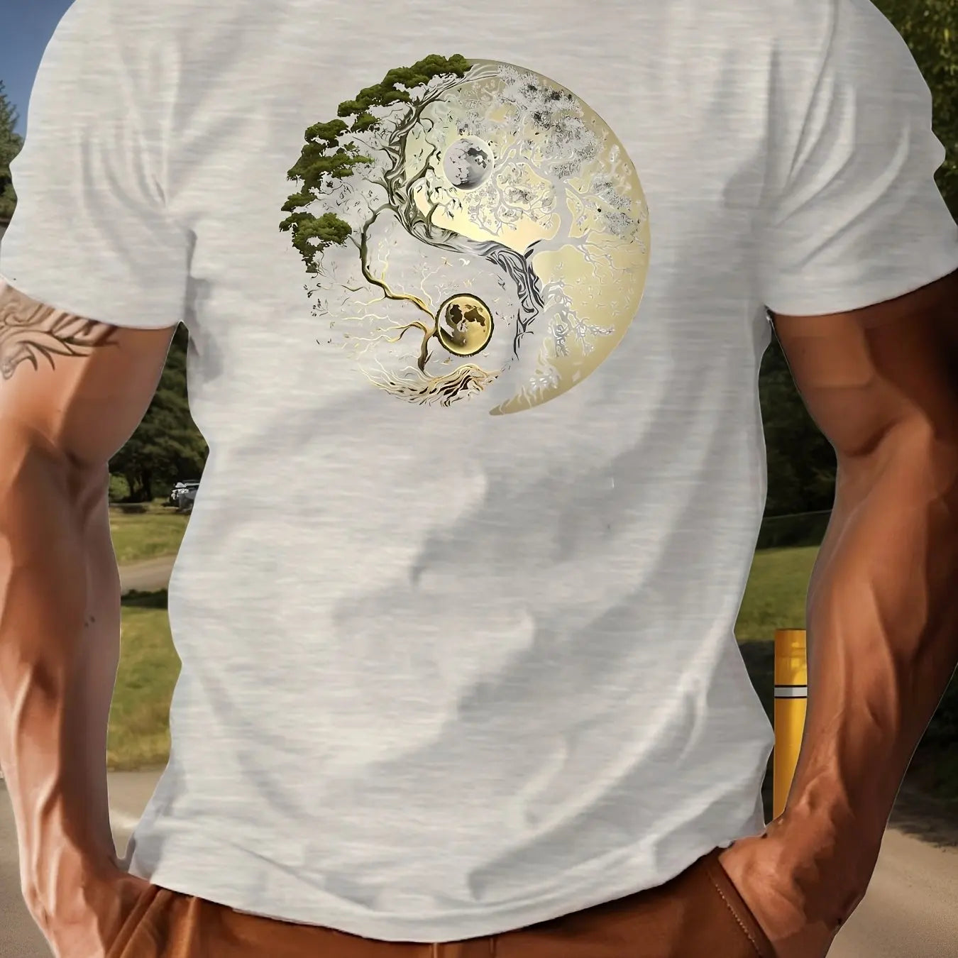Men's summer 100% pure cotton fashionable casual loose sports yin-yang tree pattern print round neck short sleeved T-shirt top