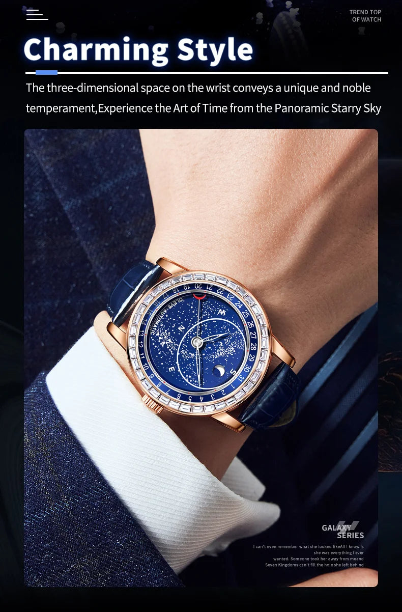 OLEVS 9923 Moon Phase Automatic Mechanical Watches for Man Fashion Leather Strap Waterproof Starry Sky Blue Luxury Men's Watches