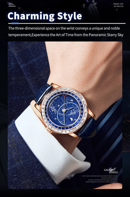 OLEVS 9923 Moon Phase Automatic Mechanical Watches for Man Fashion Leather Strap Waterproof Starry Sky Blue Luxury Men's Watches