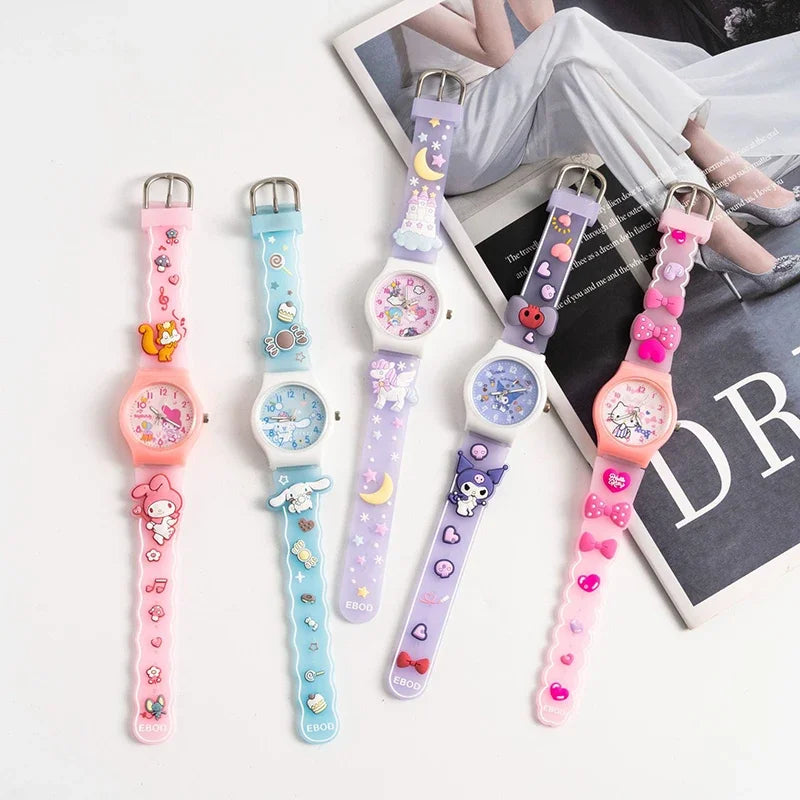 Sanrio 3D Pattern Children's Watch Cinnamoro Hello Kitty Waterproof Quartz Watch Kuromi Cartoon Silica Gel Watchband Kids