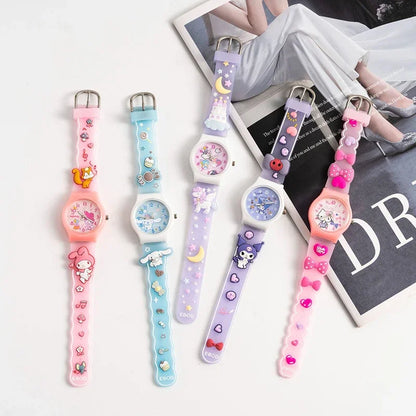 Sanrio 3D Pattern Children's Watch Cinnamoro Hello Kitty Waterproof Quartz Watch Kuromi Cartoon Silica Gel Watchband Kids