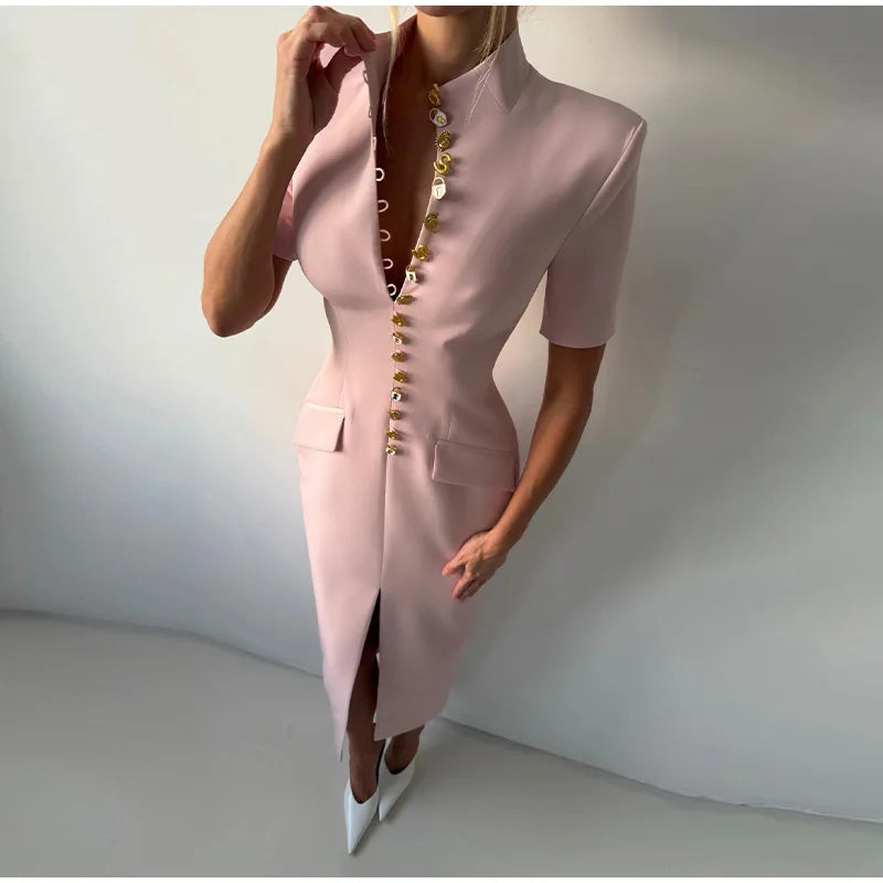 Women's High Neck Bodycon Midi Dress Short Sleeve Gold Button Split Hem Dresses 2026 Female Elegant Formal Evening Party Robe