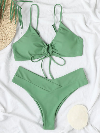 New High Elastic Bikini Set for 2025 Summer Two Pieces Solid Color Lace-up Sexy Women Swimsuit Beach Bathing Suit Swimwear