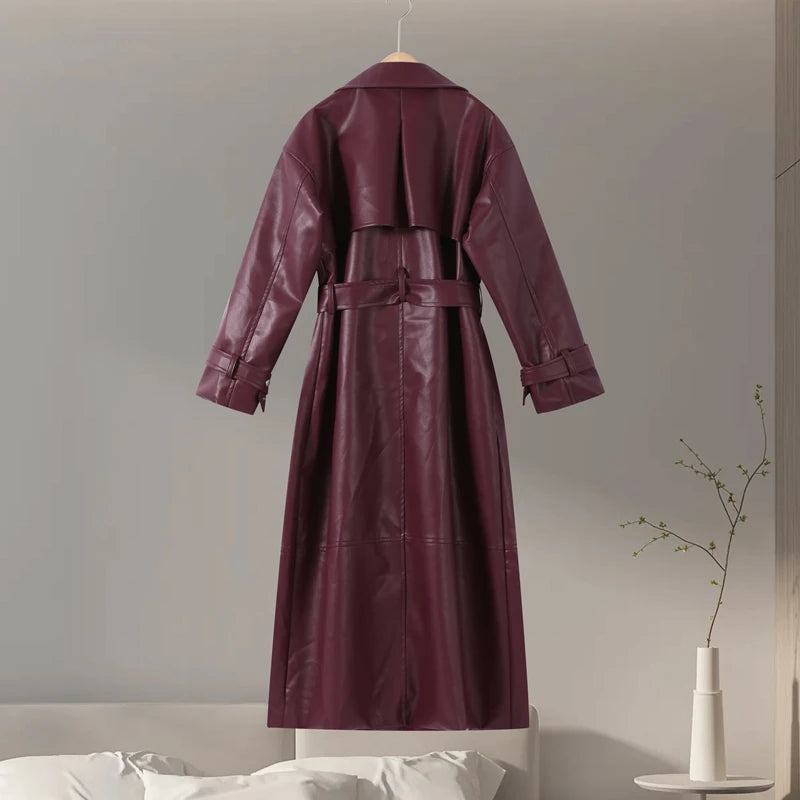 Street Pu Leather Women Long Coat Y2K Solid Belt Lapel Pocket Full Sleeve Female Jacket 2025 Autumn Winter Lady Outwear New