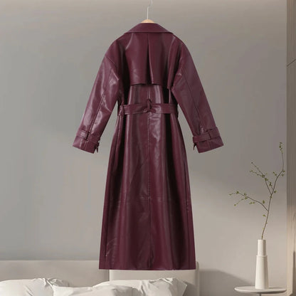 Street Pu Leather Women Long Coat Y2K Solid Belt Lapel Pocket Full Sleeve Female Jacket 2025 Autumn Winter Lady Outwear New