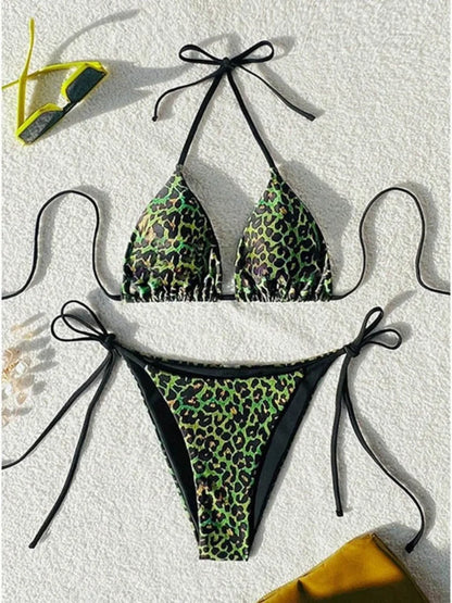 Sexy Leopard Print Two Piece Swimsuit Set Triangle Bra Suspender Halter Backless Bikini Set Beach Vacation Lace-up Swimwear 2025