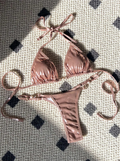 New PU Faux Leather Halter Mini Thong Bikini Female Swimsuit Women Swimwear Two-pieces Bikini set Bather Bathing Suit Swim V5206