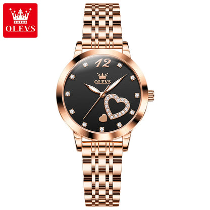OLEVS 5189 Quartz Watch for Women Diamond Love Heart Design Fashion Elegant Rose Gold Mesh Steel Strap Waterproof Ladies Watches