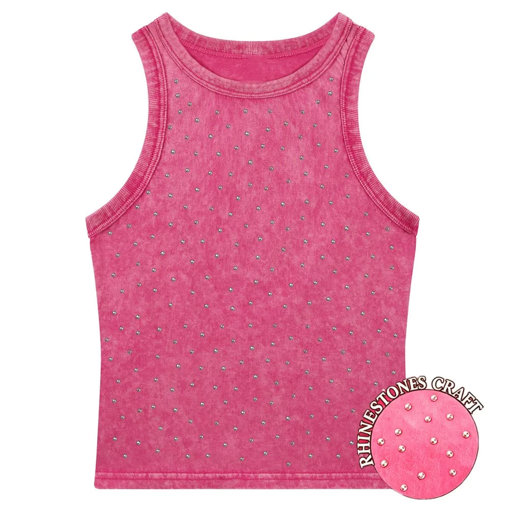 Y2k Cotton Solid Tank Tops For Womens Summer Sexy Sleeveless O-Neck Tight Washed Crop Tees Casual All-math Basic Streetwear