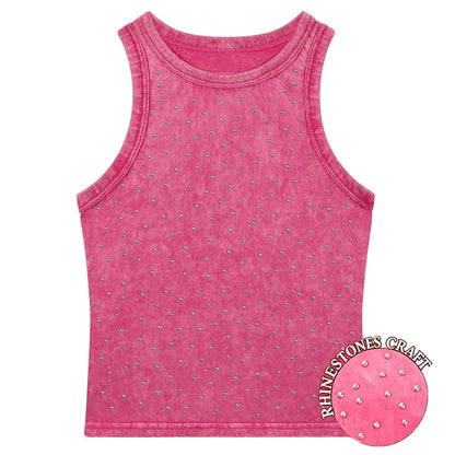 Y2k Cotton Solid Tank Tops For Womens Summer Sexy Sleeveless O-Neck Tight Washed Crop Tees Casual All-math Basic Streetwear