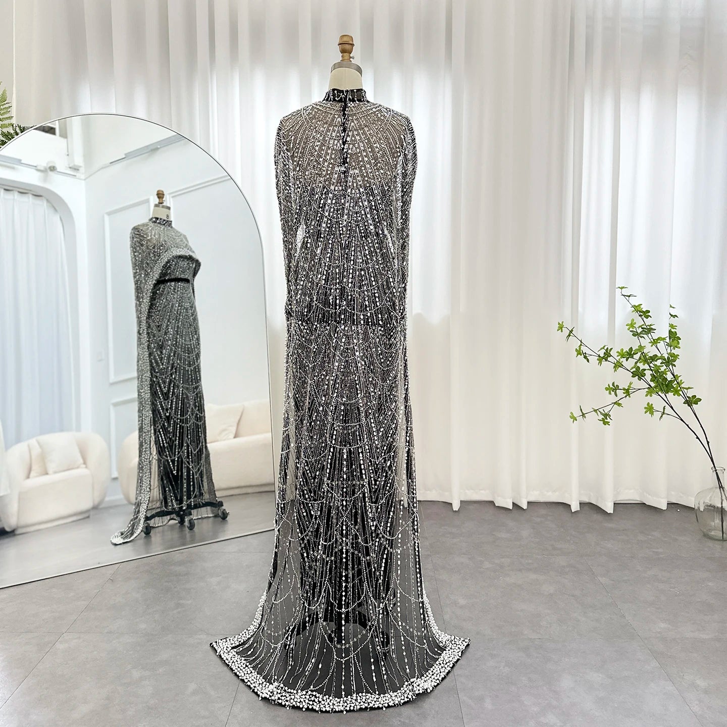 Sharon Said Luxury Pearls Dubai Champagne Evening Dresses with Cape New Arabic Women Mermaid Wedding Party Prom Dress SS369