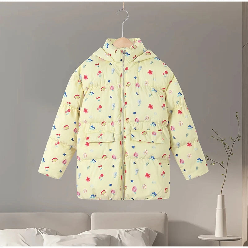 Printed Hooded Puffy Cotton Jacket Women Stand Collar Long Sleeve Zipper Loose Padded Coats 2025 Winter Lady Warm Outwear Street