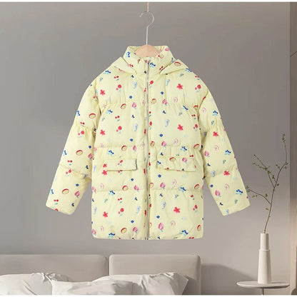 Printed Hooded Puffy Cotton Jacket Women Stand Collar Long Sleeve Zipper Loose Padded Coats 2025 Winter Lady Warm Outwear Street