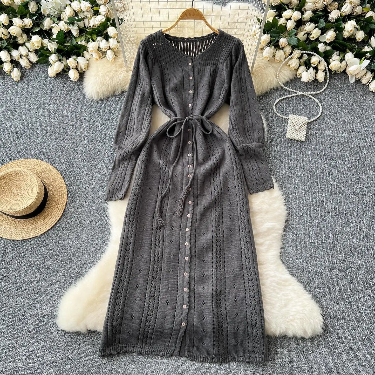 Women's Solid Single Breasted Hollow Out Knit Lace-up Dress Autumn Fashion Round Neck Elegant Festival Sweater Long Dresses 2024