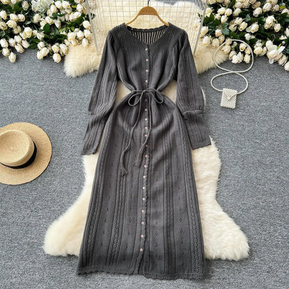 Women's Solid Single Breasted Hollow Out Knit Lace-up Dress Autumn Fashion Round Neck Elegant Festival Sweater Long Dresses 2024