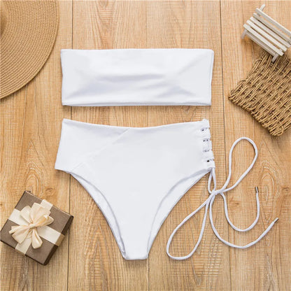 White push up swimsuit 2023 Summer beach sexy bikini set High Waist solid swimming suit for women swimwear Bandeau bathing suit