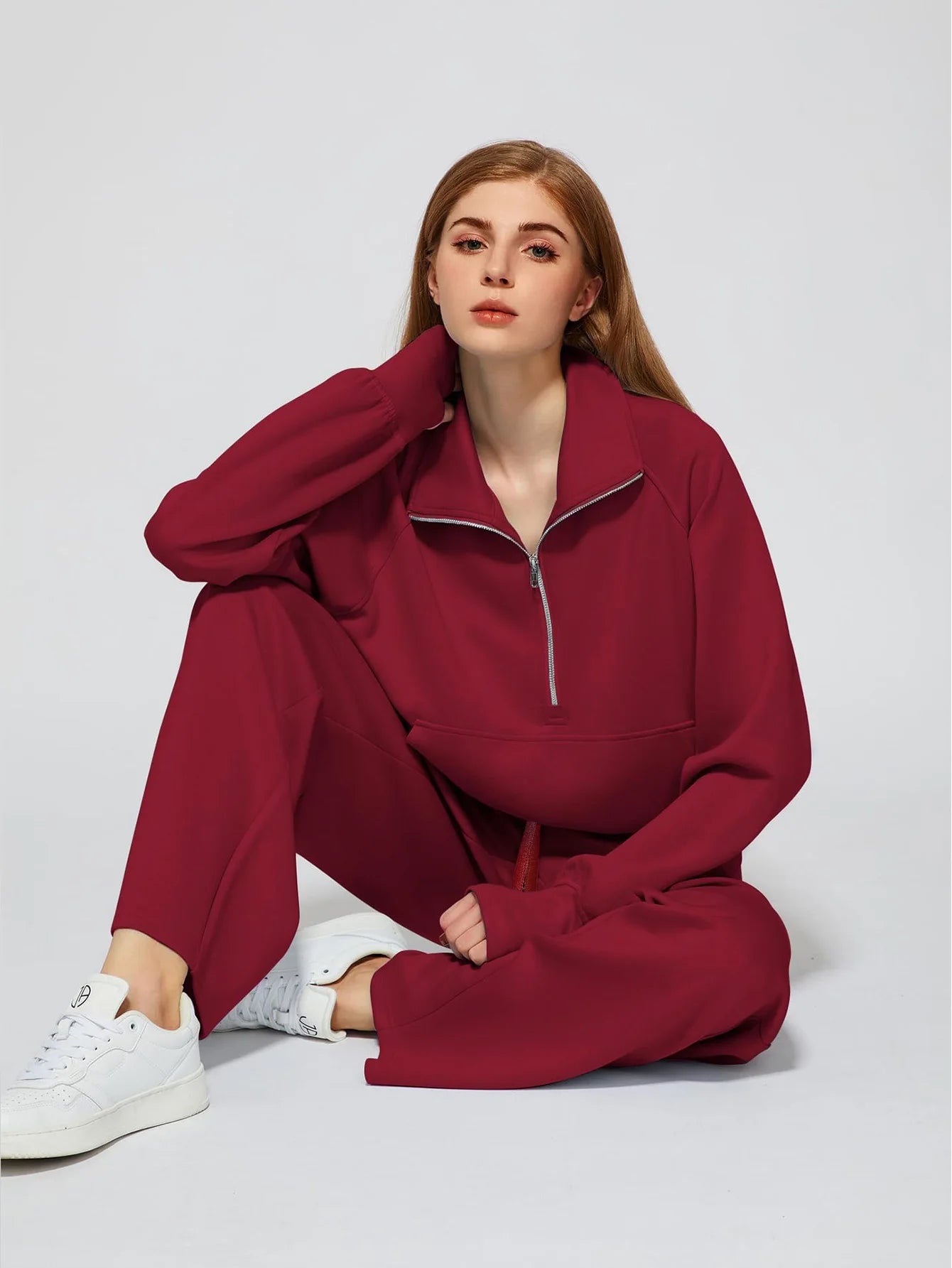 Woman Solid Color Half Zip Long Sleeve Sweatshirt and Wide Leg Pants Set Casual Sporty Two Piece Outfit