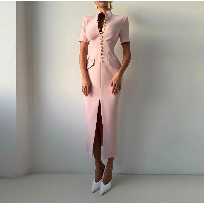 Women's High Neck Bodycon Midi Dress Short Sleeve Gold Button Split Hem Dresses 2026 Female Elegant Formal Evening Party Robe