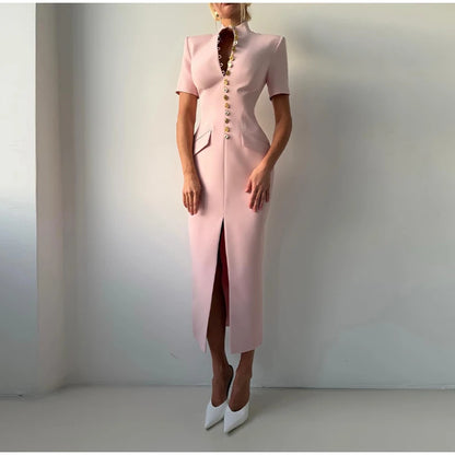 Women's High Neck Bodycon Midi Dress Short Sleeve Gold Button Split Hem Dresses 2026 Female Elegant Formal Evening Party Robe