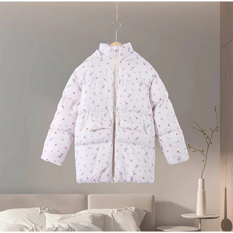 Printed Hooded Puffy Cotton Jacket Women Stand Collar Long Sleeve Zipper Loose Padded Coats 2025 Winter Lady Warm Outwear Street
