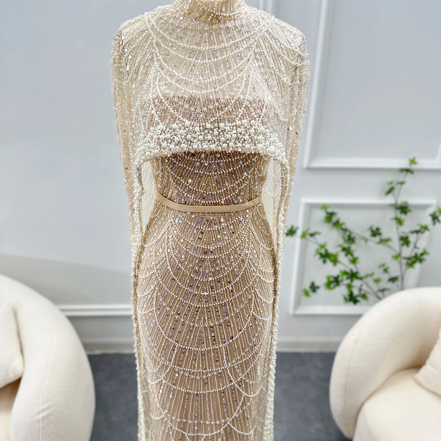 Sharon Said Luxury Pearls Dubai Champagne Evening Dresses with Cape New Arabic Women Mermaid Wedding Party Prom Dress SS369
