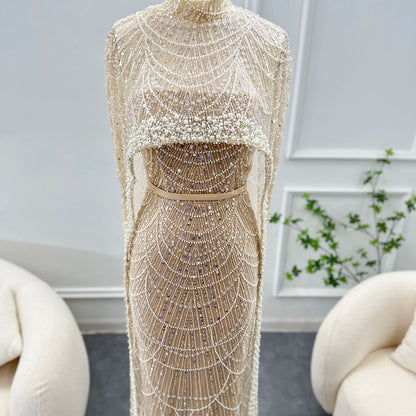 Sharon Said Luxury Pearls Dubai Champagne Evening Dresses with Cape New Arabic Women Mermaid Wedding Party Prom Dress SS369