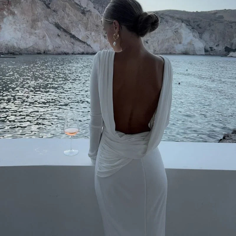 Chic Backless White Long Sleeved Slim Fit Dress for Women Pleated Elegant Round Neck Long Dresses 2024 New Female Evening Gowns