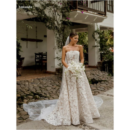 Amanda Customized White Lace Prom Dresses Strapless Floor-Length Head Veil vestidos de noche Trailing A-line Formal Evening 2025