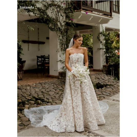 Amanda Customized White Lace Prom Dresses Strapless Floor-Length Head Veil vestidos de noche Trailing A-line Formal Evening 2025