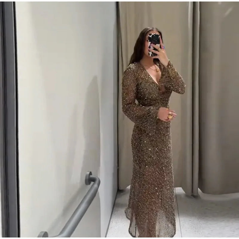 Sexy Shiny Deep V-neck Long Dress Women Flare Sleeve Hollow See Through Party Evening Dresses Female 2025 Summer Lady Slim Robes
